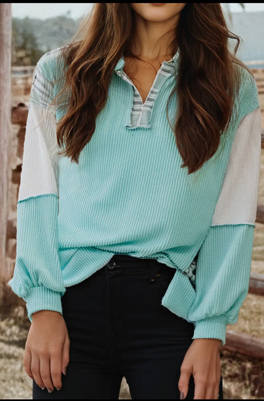 Turquoise Colorblock Corded Split Neck Top