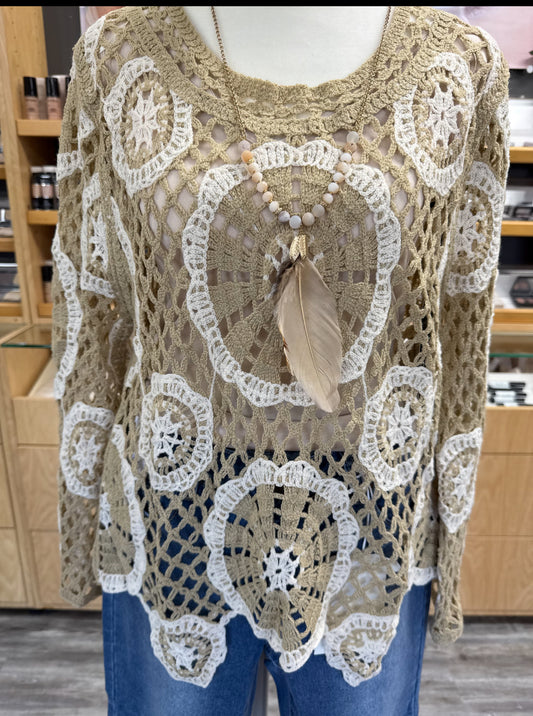 Long Sleeve Crochet Jewel Neck Top