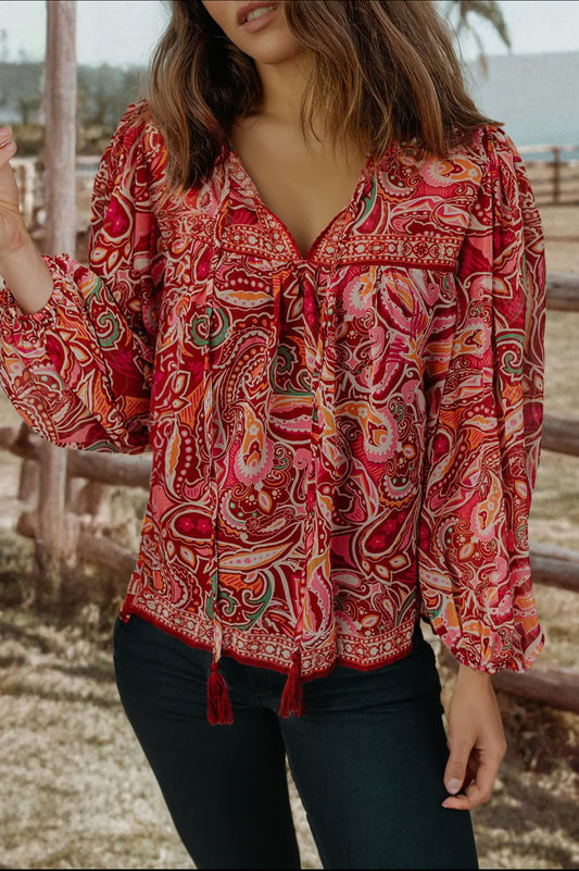 Paisley Print Puff Sleeve Boho Top