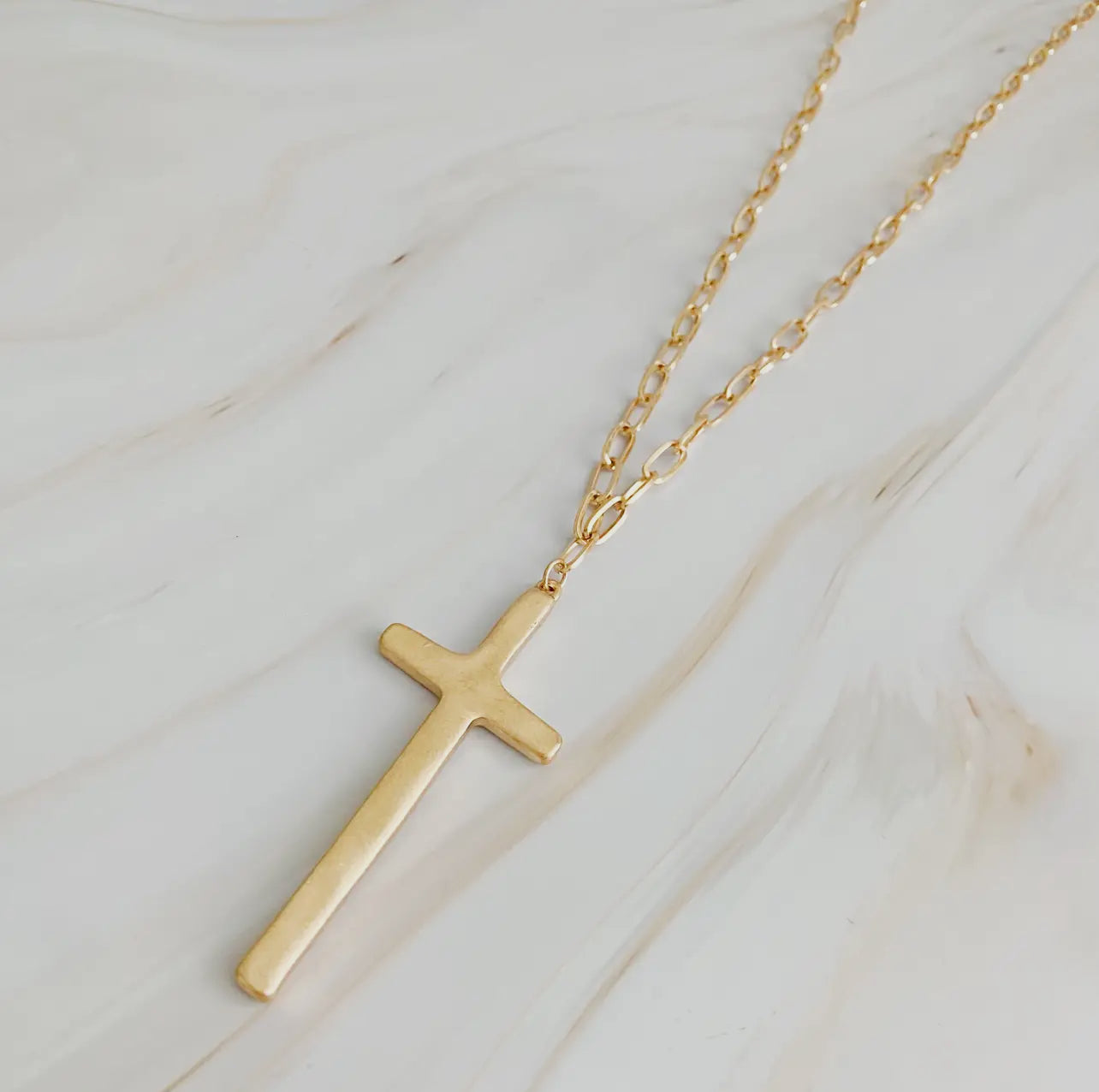 Hammered Cross Long Chain Necklace