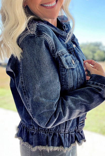 Ruffled Raw Hem Denim Jacket