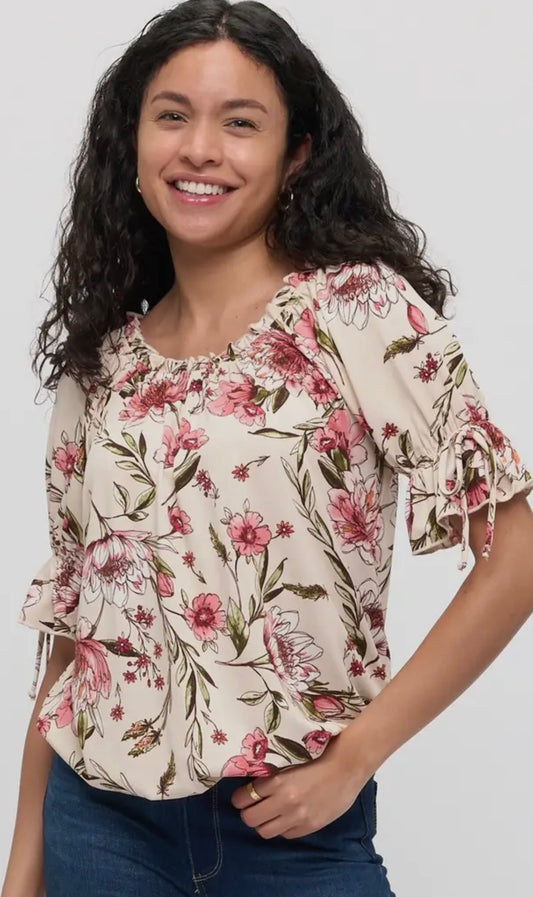 Floral Ruffle Neck Tie Sleeve Peasant Top