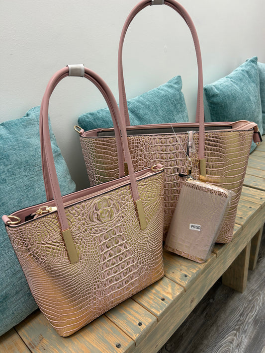 3 pc Handbag Set Pink and  Gold