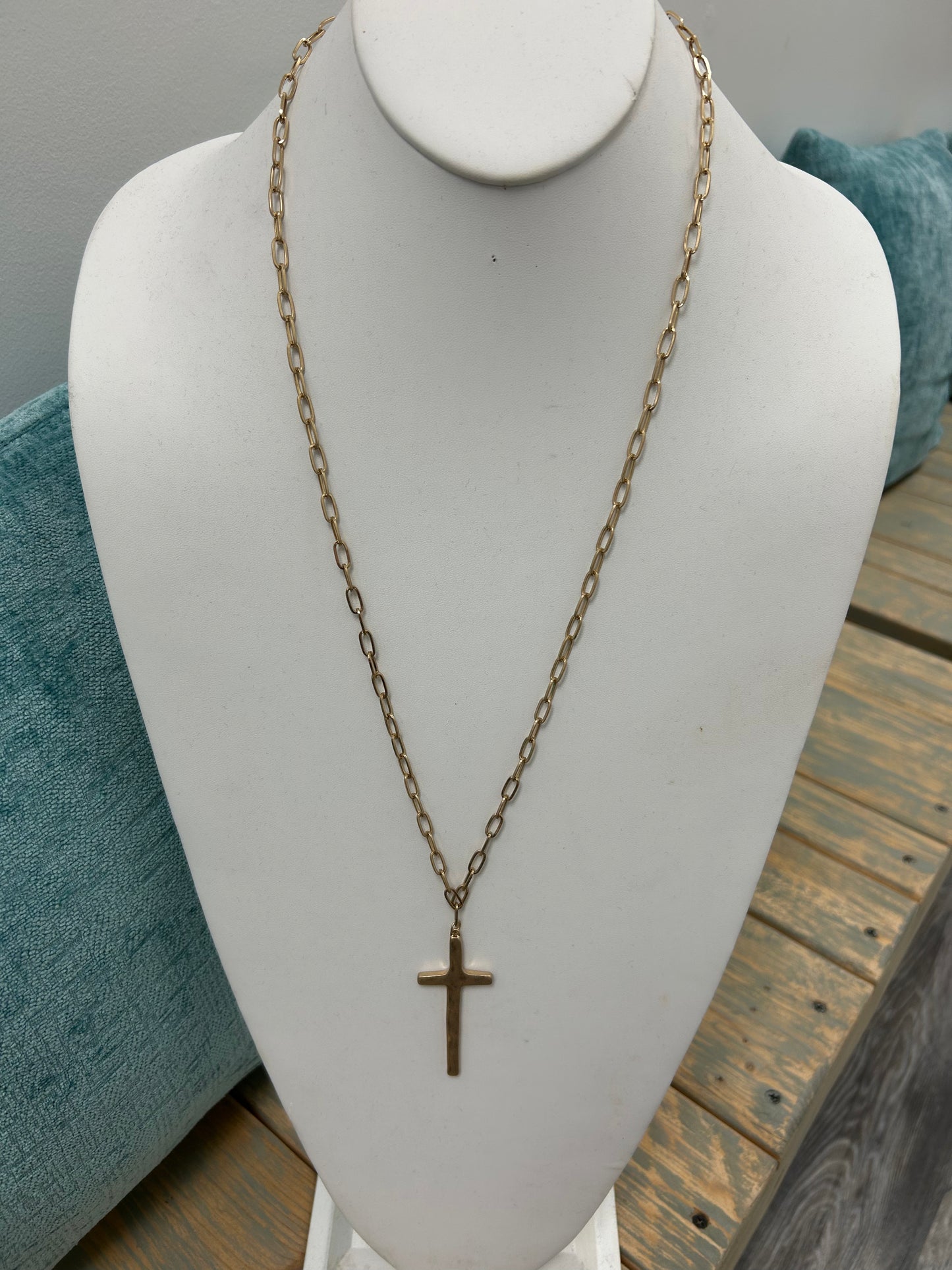 Hammered Cross Long Chain Necklace