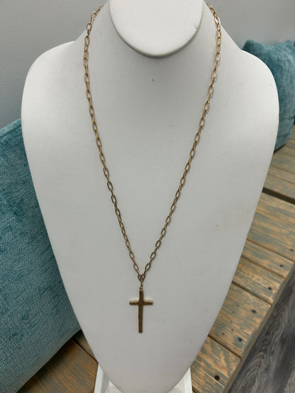 Hammered Cross Long Chain Necklace