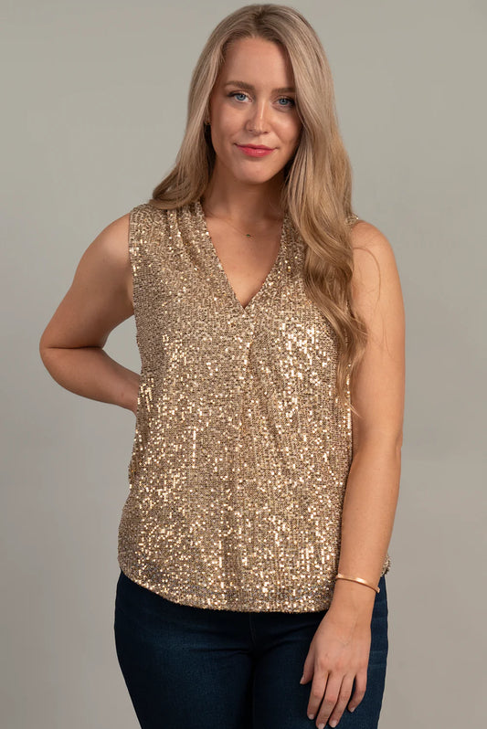 HANNA + GRACIE Gold V-Neck Shimmer Inverted Pleat Tank