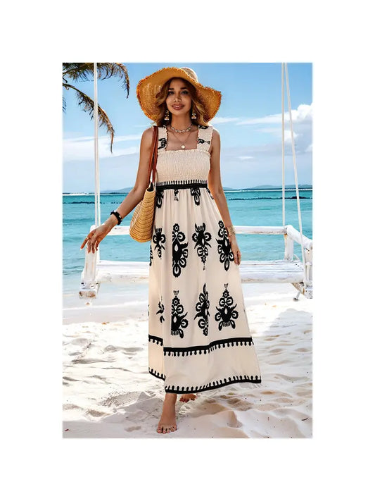 Ruched Square Neck Sleeveless High Waist Dress