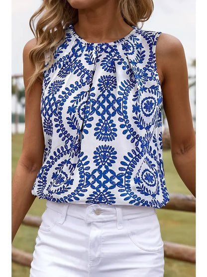 Boho Vintage Print Pintuck Crew Neck Tank Top