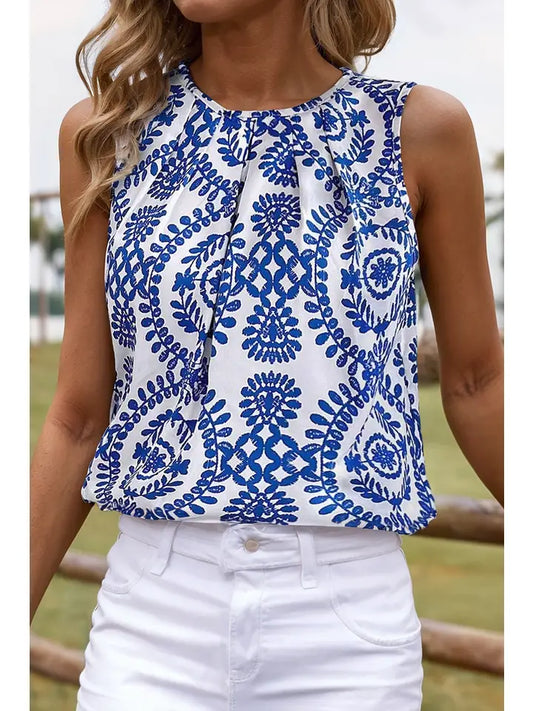 Boho Vintage Print Pintuck Crew Neck Tank Top