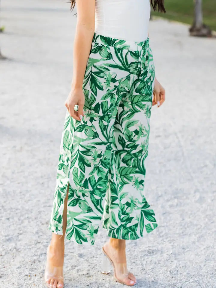 Green and White Split Hem Pants