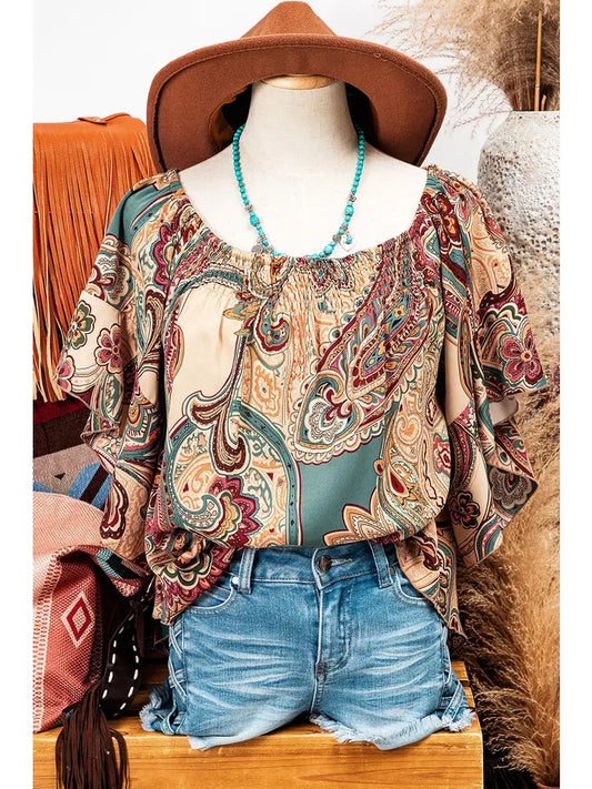 Paisley Shirred Off Shoulder Ruffled Draped Sleeve