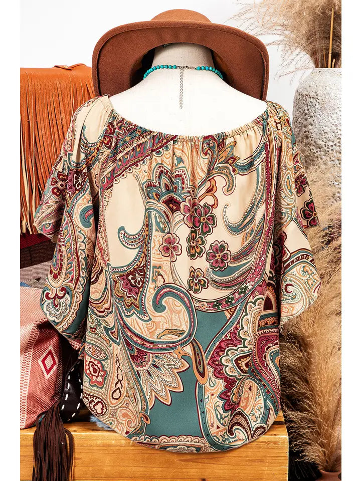 Paisley Shirred Off Shoulder Ruffled Draped Sleeve
