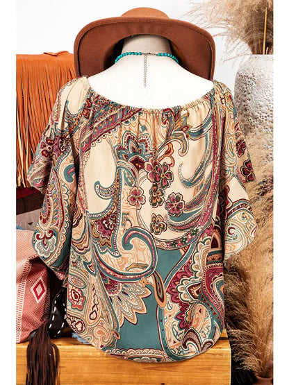 Paisley Shirred Off Shoulder Ruffled Draped Sleeve