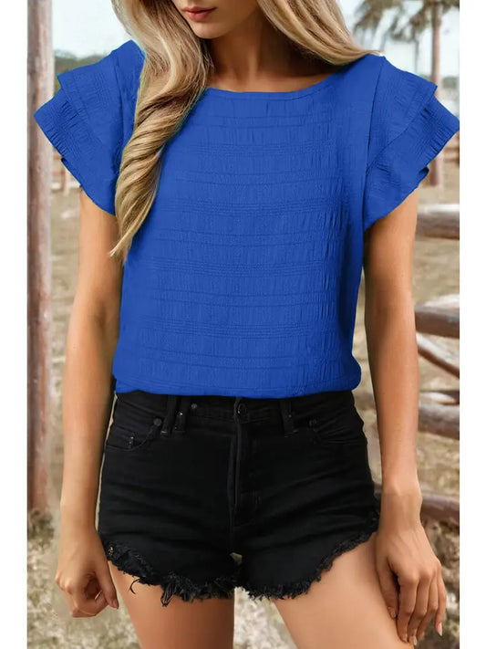 Round Neck Ruffled Sleeve Blue Top