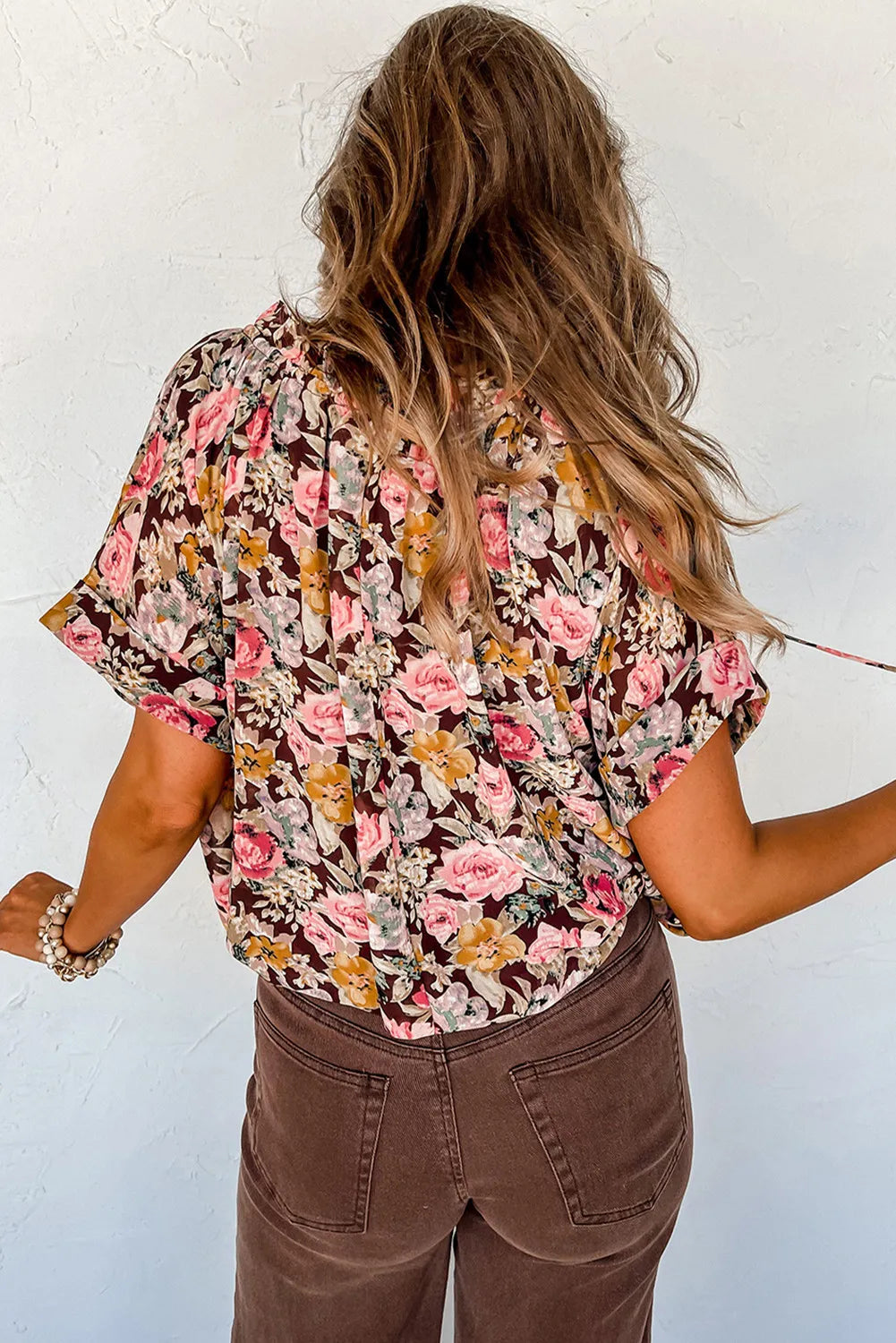 Pink Floral Split Neck Blouse