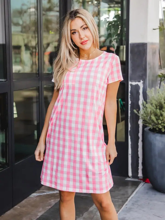 Pink Gingham Pocket Dress