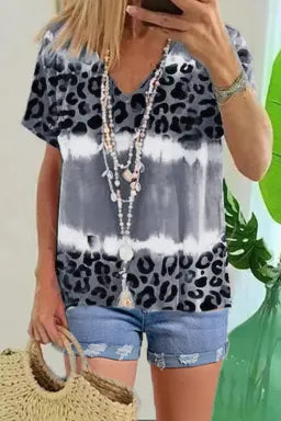 Gray Tie Dye Leopard Patchwork Short Sleeve Top