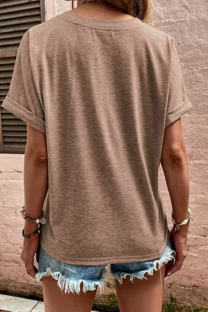 Button V Neck Rolled Sleeve Shirt