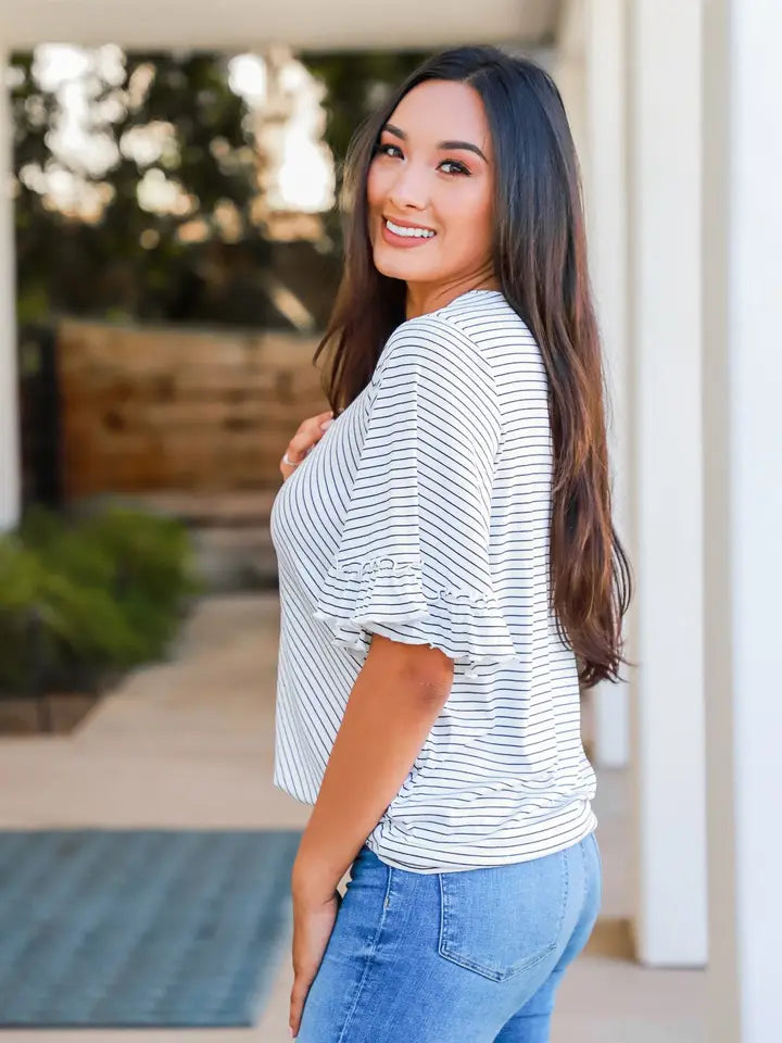 White Stripe Bell Sleeve Top