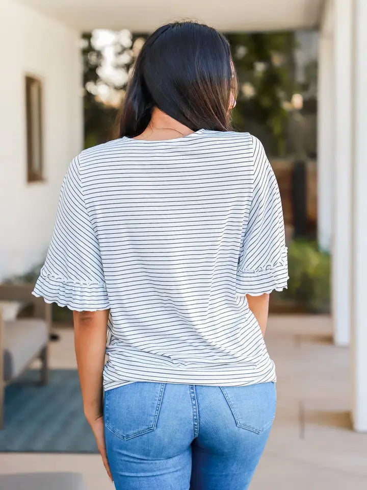 White Stripe Bell Sleeve Top