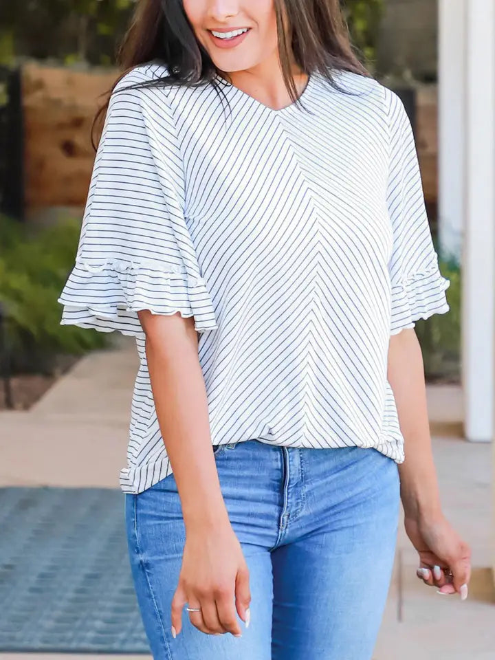 White Stripe Bell Sleeve Top